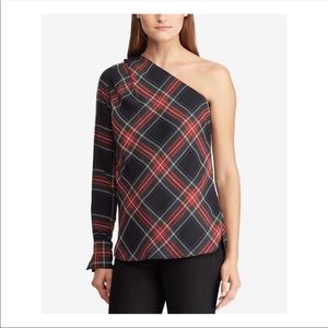 One-Shoulder Plaid Top - Black, Green & Red